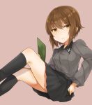  1girl bangs black_legwear black_skirt brown_background brown_eyes brown_hair clipboard closed_mouth dress_shirt eyebrows_visible_through_hair from_side frown girls_und_panzer grey_shirt highres holding kneehighs koretsuna kuromorimine_school_uniform long_sleeves looking_at_viewer miniskirt nishizumi_maho pencil pleated_skirt school_uniform shirt short_hair simple_background sitting skirt solo 