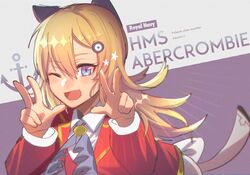  1girl ;d abercrombie_(azur_lane) artist_request azur_lane blonde_hair blue_eyes character_name commentary_request double_v hair_ornament hairclip long_hair looking_at_viewer one_eye_closed open_mouth portrait smile solo star v 