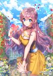  1girl black_choker blue_bow blue_eyes blue_sky bow choker clouds copyright_name day dress flower gate hair_between_eyes hair_bow hand_holding heart hedge_(plant) holding_hand interitio long_hair official_art outdoors petals purple_hair rose sid_story sky watermark yellow_dress 
