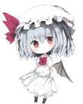  1girl :o bangs bat_wings black_legwear blush bow chibi cottontailtokki full_body grey_wings hair_between_eyes hat hat_bow head_tilt kneehighs long_hair looking_at_viewer mob_cap parted_lips puffy_short_sleeves puffy_sleeves red_bow red_eyes remilia_scarlet shirt short_sleeves silver_hair simple_background single_wing skirt skirt_set solo standing touhou white_background white_hat white_shirt white_skirt wings 