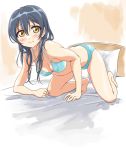  1girl all_fours bangs bed bed_sheet blue_bra blue_hair blue_panties blush bra breasts cleavage collarbone commentary_request eyebrows_visible_through_hair hair_between_eyes long_hair looking_at_viewer love_live! love_live!_school_idol_project on_bed panties pillow solo sonoda_umi tetopetesone underwear underwear_only yellow_eyes 