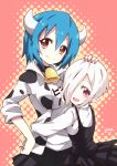  2girls :d absurdres animal_print bell bell_choker blue_hair blush breasts brown_hair choker closed_mouth clothes_writing cow_print eyebrows_visible_through_hair fang fang_out hair_between_eyes hair_over_one_eye halftone hand_on_another&#039;s_head head_tilt highres horns hug jacket jashin-chan_dropkick large_breasts looking_at_viewer minos_(jashin-chan_dropkick) multiple_girls open_clothes open_jacket open_mouth persephone_ii pointy_ears red_background red_eyes shirt signature skirt smile suspender_skirt suspenders twisted_neck white_shirt yyuki317 
