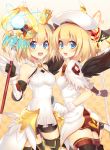  2girls beret black_gloves black_wings blonde_hair blue_eyes blue_light boots copyright_request covered_navel crown fingerless_gloves gloves hat holding holding_staff looking_at_viewer mismatched_gloves mismatched_wings multiple_girls open_mouth rento_(rukeai) short_hair shorts smile staff thigh-highs white_gloves white_wings wings 