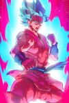  1boy aura blue_eyes blue_hair clenched_hands dougi dragon_ball dragon_ball_super dragonball_z fighting_stance highres looking_at_viewer male_focus open_mouth pink_background serious shaded_face short_hair simple_background son_gokuu spiky_hair super_saiyan_blue supobi upper_body wristband 