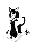  1girl animal_ears barefoot cat_ears cat_tail choker closed_mouth dress frilled_dress frills greyscale jaco looking_at_viewer monochrome original shoes_removed short_hair simple_background sitting solo spot_color tail tail_lift wariza white_background yellow_eyes 