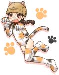  animal_costume animal_ears bell bell_collar black_hair blush_stickers braid brown_eyes brown_hat calico cat_costume cat_ears cat_tail collar commentary dutch_angle elbow_gloves fake_animal_ears fake_tail fukuda_(girls_und_panzer) girls_und_panzer glasses gloves hat helmet leg_up leotard long_hair open_mouth paw_gloves paw_pose paw_print paw_shoes paws print_gloves print_legwear print_leotard round_eyewear shadow shoes standing standing_on_one_leg tail thigh-highs twin_braids twintails uona_telepin white_background 