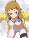  1girl bike_shorts blue_eyes breasts brown_hair cleavage closed_eyes grey_background gundam gundam_build_fighters gundam_build_fighters_try haruyama_kazunori hoshino_fumina looking_at_viewer medium_breasts navel short_hair smile solo sports_bra 