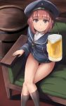  alcohol barrel beer beer_mug brown_eyes brown_hair butter_curry clothes_writing couch dress hat highres holding_mug kantai_collection long_sleeves looking_at_viewer sailor_collar sailor_dress sailor_hat short_hair sitting smile z3_max_schultz_(kantai_collection) 