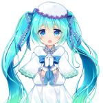  1girl bangs blue_bow blue_eyes blue_hair blue_neckwear blush bow bowtie capelet dress eyebrows_visible_through_hair floating_hair gloves hair_between_eyes hands_clasped hat hatsune_miku long_hair open_mouth ousawa_kanata own_hands_together simple_background solo striped striped_bow striped_neckwear twintails upper_body very_long_hair vocaloid white_background white_capelet white_dress white_gloves white_hat winter_clothes 