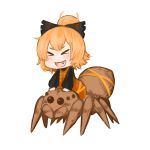  &gt;_&lt; 1girl :d animal black_bow blonde_hair blush bow brown_dress bug chibi closed_eyes commentary_request dress fang full_body hair_bow hands_on_another&#039;s_head jakomurashi kurodani_yamame long_sleeves open_mouth riding short_hair simple_background smile spider touhou white_background xd 