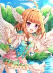  1girl ahoge blue_sky blush brown_hair copyright_request grass hair_intakes hair_ornament hand_on_own_chest looking_at_viewer miniskirt open_mouth rento_(rukeai) short_hair skirt sky smile sunlight tree violet_eyes water wings 