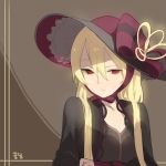  1girl black_dress blonde_hair bow brown_background capelet doremi dress frilled_hat frills hat hat_bow hat_ribbon korean long_hair long_sleeves looking_at_viewer original parted_lips red_bow red_eyes red_hat ribbon signature solo upper_body 