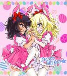  2girls =3 andou_(girls_und_panzer) animal_ears bangs black_hair blonde_hair blue_eyes bow brown_eyes bunny_tail burafu catfight commentary_request dark_skin dress easter_egg egg english eyebrows_visible_through_hair fake_animal_ears fake_tail fighting frilled_dress frills from_side fume girls_und_panzer hair_bow hair_pull hands_together happy_easter high_heels interlocked_fingers large_bow leg_up looking_at_another medium_hair messy_hair multiple_girls oshida_(girls_und_panzer) pink_bow pink_dress pink_footwear purple_background rabbit_ears red_bow short_dress standing standing_on_one_leg tail thigh-highs trembling white_legwear 