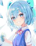  1girl absurdres blue_eyes blue_hair bow cirno eyebrows_visible_through_hair frozen_frog grin hair_between_eyes hair_bow highres ice ice_wings looking_at_viewer lshiki short_hair simple_background smile solo touhou upper_body white_background wings 