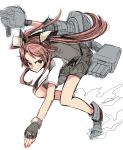  1girl ahoge black_gloves black_skirt black_vest blush brown_hair cannon closed_mouth fingerless_gloves full_body gloves gun hair_ribbon highres holding holding_weapon isetta kagerou_(kantai_collection) kantai_collection leaning_forward long_hair looking_at_viewer machinery pleated_skirt remodel_(kantai_collection) ribbon rigging rudder_shoes school_uniform shirt shoes short_sleeves shorts_under_skirt simple_background skirt smile solo torpedo_launcher turret twintails vest weapon white_background white_ribbon white_shirt 