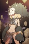  1girl bare_shoulders blonde_hair breasts chains copyright_request cowboy_shot crop_top debris diamond-shaped_pupils doremi gloves highres legs_apart lion looking_at_viewer navel orange_eyes paw_gloves paws short_hair small_breasts solo standing sword symbol-shaped_pupils weapon 