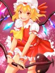  1girl blonde_hair bracelet dress fang flandre_scarlet highres holding holding_staff jewelry kuroton looking_at_viewer puffy_short_sleeves puffy_sleeves red_dress red_eyes short_hair short_sleeves smile staff touhou white_dress wings 