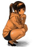  1girl breasts character_request copyright_request full_body high_heels large_breasts long_hair looking_at_viewer ponytail sepia shoes solo squatting tsuji_santa 