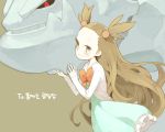 1girl artist_request black_sclera blue_dress blush bow bowtie brown_background brown_eyes brown_hair closed_mouth dress floating_hair forehead from_side gen_2_pokemon hands_up jasmine_(pokemon) korean long_hair long_sleeves looking_at_viewer looking_to_the_side orange_neckwear pokemon pokemon_(creature) pokemon_gsc simple_background smile standing steelix translation_request