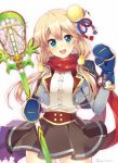  1girl blonde_hair blue_gloves gloves holding holding_staff jacket looking_at_viewer open_clothes open_jacket open_mouth rento_(rukeai) scarf skirt smile solo staff 