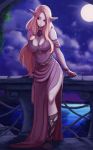  1girl bare_shoulders blonde_hair breasts carlos_eduardo clouds commentary dress final_fantasy final_fantasy_xiv highres hips large_breasts long_hair looking_down moon night pointy_ears purple_dress railing red_eyes smile solo tattoo thighs 