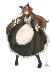  1girl black_footwear brown_hair full_body hair_between_eyes highres juliet_sleeves lansane long_hair long_sleeves looking_at_viewer maid maid_headdress orange_eyes original puffy_sleeves shoes signature simple_background skirt_hold smile solo tail tsana_(lansane) very_long_hair white_background wolf_tail wrist_cuffs 