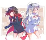  2girls blue_eyes blush breast_cutout cape check_commentary commentary_request grey_eyes iesupa multiple_girls paw_pose paw_print ruby_rose rwby sweater weiss_schnee white_hair 