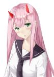  1girl absurdres bangs blush breasts commentary_request darling_in_the_franxx eyebrows_visible_through_hair eyes_visible_through_hair green_eyes hair_between_eyes head_tilt highres horns long_hair looking_at_viewer medium_breasts nagisa_(cxcx5235) open_mouth pink_hair red_horns school_uniform serafuku simple_background solo white_background zero_two_(darling_in_the_franxx) 