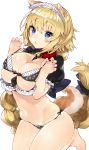 1girl absurdres animal_ears bare_legs bell bell_collar bikini bikini_pull black_bikini blonde_hair blue_eyes blush breasts collar dog_ears dog_tail fate/apocrypha fate_(series) hair_ribbon highres jeanne_d&#039;arc_(fate) jeanne_d&#039;arc_(fate)_(all) kou_mashiro large_breasts long_braid long_hair looking_at_viewer maid nail_polish navel open_mouth puffy_short_sleeves puffy_sleeves ribbon short_sleeves simple_background solo swimsuit tail white_background 