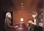  2girls aqua_eyes bangs bartender black_hair black_vest bottle bow brown_eyes cocktail cocktail_glass commentary_request crossover cup darling_in_the_franxx door drinking_glass hair_bow hairband highres hinamatsuri_(manga) holding kimu_ryouma lamp long_hair long_sleeves mishima_hitomi multiple_girls necktie open_mouth pink_hair red_hairband red_horns shaker shirt tagme uniform vest white_hairband white_shirt zero_two_(darling_in_the_franxx) 