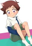  1boy blush brown_eyes brown_hair chokutsuu_(menino) closed_mouth hayasugi_hayato highres looking_at_viewer male_focus shinkansen_henkei_robo_shinkalion shorts sitting smile solo spiky_hair 