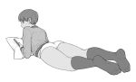  1girl ass bangs book freckles from_behind girls_und_panzer greyscale holding holding_book invisible_floor long_sleeves looking_back lying monochrome naomi_(girls_und_panzer) no_pants no_shoes on_stomach panties pillow shirt short_hair socks solo sweatdrop thomas_hewitt underwear very_short_hair 