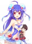  1girl ahoge blue_choker blue_hair choker copyright_request dress hair_ornament heart holding_toy long_hair looking_at_viewer navel open_mouth red_eyes rento_(rukeai) smile solo strapless strapless_dress 