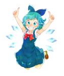  1girl ahoge aqua_eyes aqua_hair arms_up bare_arms blue_bow blue_dress blue_eyes blue_hair bogyaku_no_m bow brown_footwear cirno collared_shirt dress full_body green_eyes green_hair grin hair_bow hair_ornament ice ice_wings index_finger_raised jumping legs_folded legs_up loafers looking_at_viewer multicolored multicolored_eyes multicolored_hair puffy_short_sleeves puffy_sleeves red_bow red_ribbon ribbon shirt shoes short_hair short_sleeves simple_background smile solo tareme touhou two-tone_hair undershirt white_background white_shirt wing_collar wings 