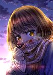 1girl backlighting blood bloody_clothes blush breath brown_eyes brown_hair clouds coat commentary_request eyebrows_visible_through_hair long_hair looking_at_viewer original outdoors plaid plaid_scarf scarf sharp_teeth sky sleeves_past_wrists sun sunrise sunset taniguchi_seima teeth upper_body veins 