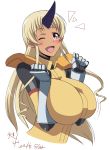  1girl 2016 ;d absurdres blonde_hair blush breast_squeeze breasts dated fang gauntlets highres horn huge_breasts kagiyama_(gen&#039;ei_no_hasha) long_hair monster_musume_no_iru_nichijou ogre one_eye_closed open_mouth pointy_ears red_eyes signature simple_background smile solo tionishia uniform upper_body very_long_hair white_background 
