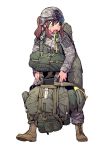  1girl backpack bag bangs boots brown_footwear camouflage camouflage_hat camouflage_jacket camouflage_pants carrying combat_boots cross-laced_footwear full_body grey_hat grey_jacket grey_pants helmet jacket lace-up_boots long_hair military military_uniform open_mouth original pants parachute rucksack simple_background solo standing sweat tactical_clothes thomas_hewitt uniform united_states_army white_background 