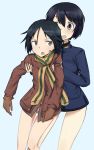  2girls ass_visible_through_thighs bandaid bandaid_on_face bangs black_eyes black_hair blue_background blue_hair blue_jacket blue_panties brave_witches brown_gloves brown_jacket cowboy_shot eyebrows_visible_through_hair fankupl frown gloves highres holding_person jacket kanno_naoe long_sleeves looking_at_another looking_back military military_uniform multicolored multicolored_clothes multicolored_scarf multiple_girls no_pants open_mouth panties red_eyes scarf shimohara_sadako short_hair simple_background smile standing striped striped_scarf thigh_gap underwear uniform world_witches_series 