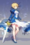  1girl artoria_pendragon_(all) bangs blonde_hair blue_dress blue_footwear blush braid breasts cleavage closed_mouth commentary_request dress excalibur eyebrows_visible_through_hair fate/stay_night fate_(series) green_eyes hair_between_eyes hair_bun head_tilt high_heels holding holding_sword holding_weapon juliet_sleeves legs long_sleeves looking_at_viewer puffy_sleeves saber short_hair sidelocks small_breasts solo standing suishougensou sword v-shaped_eyebrows weapon 