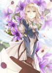  1girl bangs brown_gloves dress eyebrows_visible_through_hair floating_hair flower gloves green_eyes hair_between_eyes highres holding kame_(pixiv) letter long_dress long_hair parted_lips purple_flower solo standing suitcase violet_evergarden violet_evergarden_(character) white_dress white_neckwear 