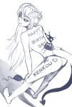  1girl :q ass barefoot bent_over bikini black_sclera body_writing cake cat demon_girl demon_horns demon_tail dutch_angle food greyscale hands_on_own_knees happy_birthday heart horns lilim_(monster_girl_encyclopedia) long_hair looking_at_viewer looking_back mari_(maritan) maritan_(pixelmaritan) monochrome monster_girl_encyclopedia pointy_ears side-tie_bikini sketch smile solo swimsuit tail tongue tongue_out 