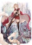  1girl :o absurdres belt black_gloves black_legwear bridge cape flag full_body gloves highres holding holding_sword holding_weapon midair original red_cape red_eyes red_skirt short_hair skirt solo sword weapon yashiron2011 