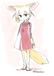  1girl :&gt; alternate_costume animal_ears artist_name black_eyes blonde_hair blush commentary_request dress extra_ears fennec_(kemono_friends) fox_ears fox_tail full_body hair_between_eyes high_heels kemono_friends looking_at_viewer panzuban red_dress short_hair simple_background smile solo tail twitter_username 