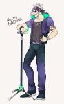  1boy alolan_marowak bandanna belt black_footwear black_pants bone bone_necklace bracelet brown_shirt character_name earrings facial_tattoo fire full_body green_fire hand_on_hip highres jacket jewelry male_focus mask microphone microphone_stand necklace ngr_(nnn204204) pants personification pokemon purple_belt purple_jacket shirt shoes solo tattoo white_hair 