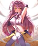  1girl absurdres angel_wings arm_behind_head armpits breasts chiinyan commentary_request crop_top feathered_wings gloves halo highres jibril_(no_game_no_life) large_breasts long_hair low_wings magic_circle midriff no_game_no_life pink_hair sideboob smile solo thigh-highs very_long_hair white_wings wing_ears wings yellow_eyes 