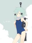  1girl bangs bare_arms bare_shoulders blue_swimsuit bright_pupils closed_mouth contrapposto copyright_request cowboy_shot doremi green_eyes green_hair grey_background gun hair_ornament hairclip korean looking_at_viewer one-piece_swimsuit rifle short_hair smile sniper_rifle solo swimsuit weapon weapon_on_back 