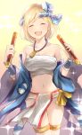  1girl :d ^_^ blonde_hair breasts checkered_ribbon cleavage closed_eyes commentary_request djeeta_(granblue_fantasy) drum_master_(granblue_fantasy) drumsticks fundoshi gradient gradient_background granblue_fantasy hachimaki hair_ribbon happy headband highres japanese_clothes medium_breasts midriff myusha navel nejiri_hachimaki open_mouth ribbon sarashi short_hair smile solo sparkle thighlet yellow_background 