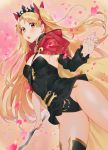  1girl :o black_legwear black_leotard blonde_hair blush breasts cape cowboy_shot detached_collar detached_sleeves earrings ereshkigal_(fate/grand_order) eyebrows eyebrows_visible_through_hair eyelashes eyes_visible_through_hair fate/grand_order fate_(series) fingernails floating_hair hair_intakes hair_ribbon highleg highleg_leotard holding hood hood_down hoop_earrings jewelry legs_apart leotard long_hair long_sleeves mimiko_(fuji_310) multicolored multicolored_background open_mouth orange_eyes over-kneehighs palms petals red_cape red_ribbon ribbon single_sleeve single_thighhigh skull small_breasts solo thigh-highs tiara tohsaka_rin tongue two_side_up very_long_hair 