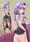  1girl ass black_flower black_legwear black_rose breasts character_name dagashi_kashi dated flower full_body hair_flower hair_ornament hairband high-waist_skirt highres large_breasts lifted_by_self looking_back miokikoeru panties panties_under_pantyhose pantyhose purple_hair ringed_eyes rose shidare_hotaru short_hair short_sleeves side-tie_panties signature skirt skirt_lift snowflakes solo suspender_skirt suspenders thighband_pantyhose tiptoes underwear white_panties 