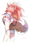 1girl animal_ears ass bangs bare_shoulders bikini blush breasts brown_eyes closed_mouth eyebrows_visible_through_hair fang fate/grand_order fate_(series) fish flower food_in_mouth fox_ears fox_girl fox_tail gloves hair_between_eyes hair_flower hair_ornament hanakeda_(hanada_shiwo) high_ponytail long_hair looking_at_viewer looking_to_the_side medium_breasts mouth_hold paw_gloves paws pink_hair ponytail red_flower side-tie_bikini simple_background solo swimsuit tail tamamo_(fate)_(all) tamamo_cat_(fate) v-shaped_eyebrows white_background white_bikini 